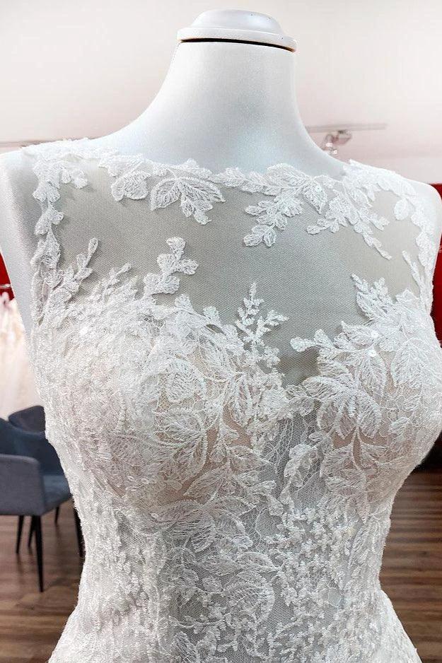 Long A-line Tulle Jewel Lace Appliques Wedding Dresses (ZD15254)