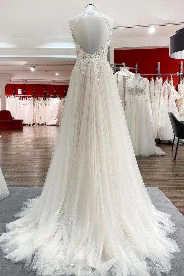 Long A-line Tulle Open Back Halter Sleeveless Lace Wedding Dresses (ZD15248)
