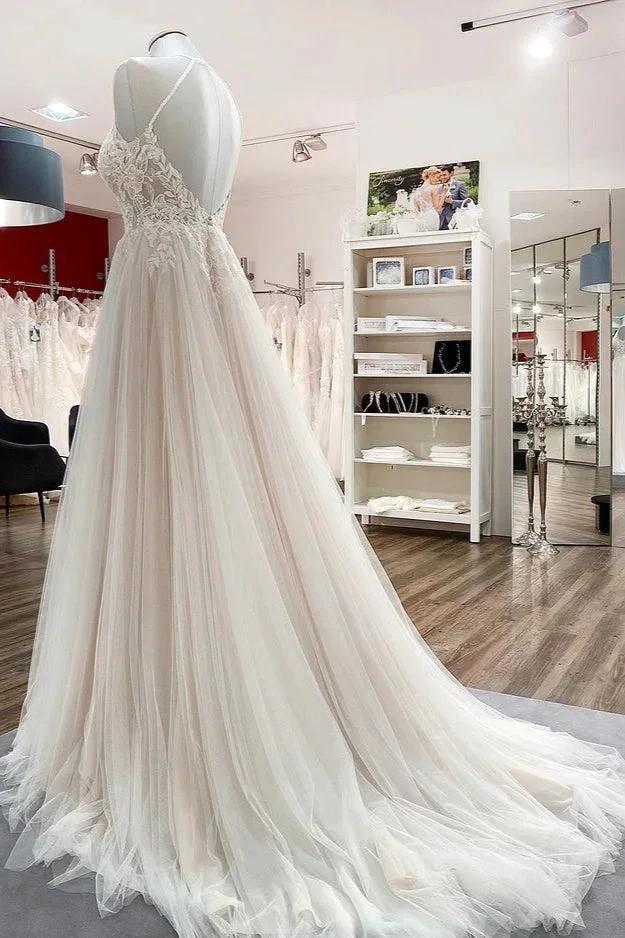Long A-line Tulle Open Back Halter Sleeveless Lace Wedding Dresses (ZD15248)