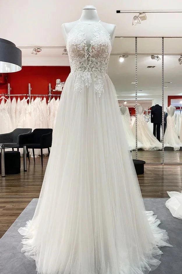 Long A-line Tulle Open Back Halter Sleeveless Lace Wedding Dresses (ZD15248)