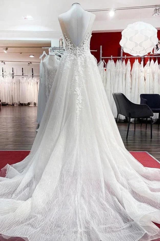 Long A-line Tulle Sleevless Ruffles Jewel Wedding Dress With Lace Appliques (ZD15269)