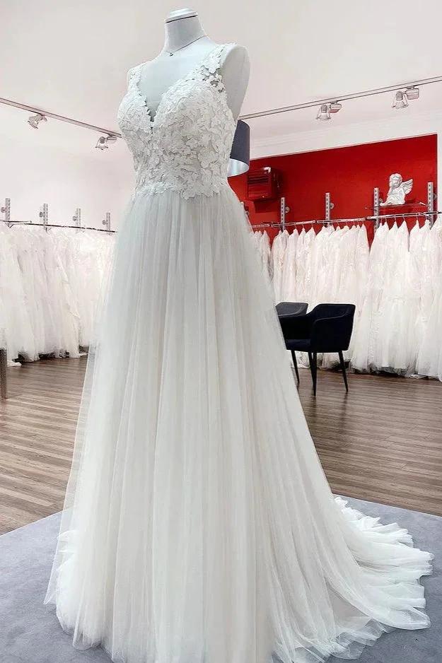 Long A-line Tulle V Neck Open Back Appliques Lace Wedding Dress (ZD15249) - View 2 | VelvetHem