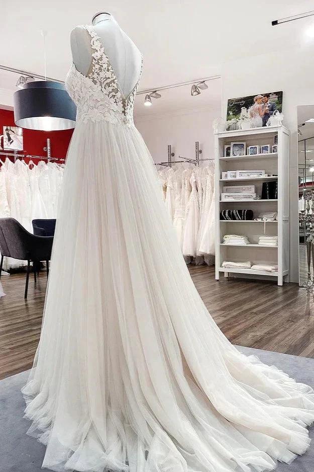 Long A-line Tulle V Neck Open Back Appliques Lace Wedding Dress (ZD15249) - View 3 | VelvetHem