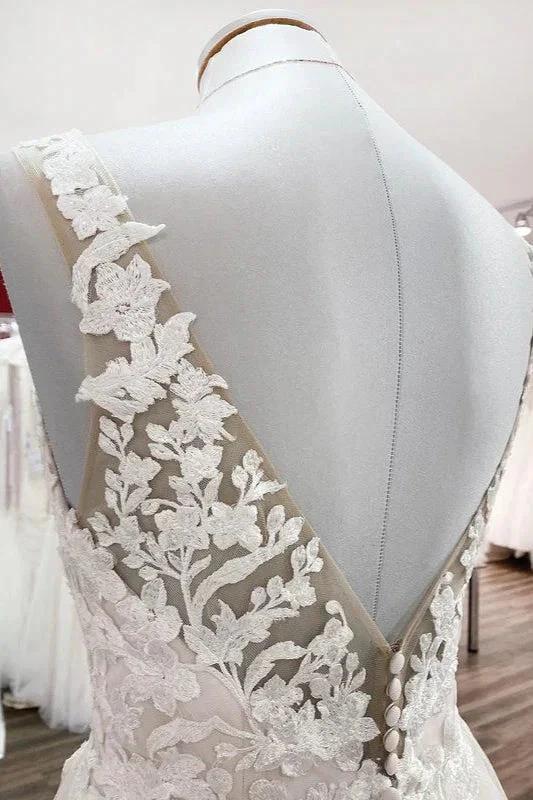 Long A-line Tulle V Neck Open Back Appliques Lace Wedding Dress (ZD15249) - View 5 | VelvetHem