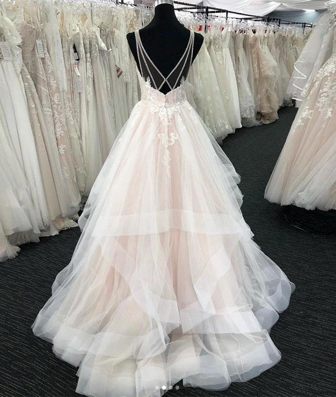 Long A-line Tulle V Neck Open Back Layered Wedding Dress (ZD16694)