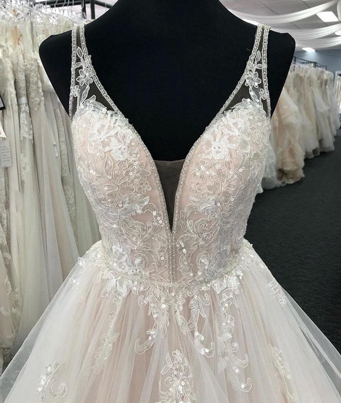 Long A-line Tulle V Neck Open Back Layered Wedding Dress (ZD16694)