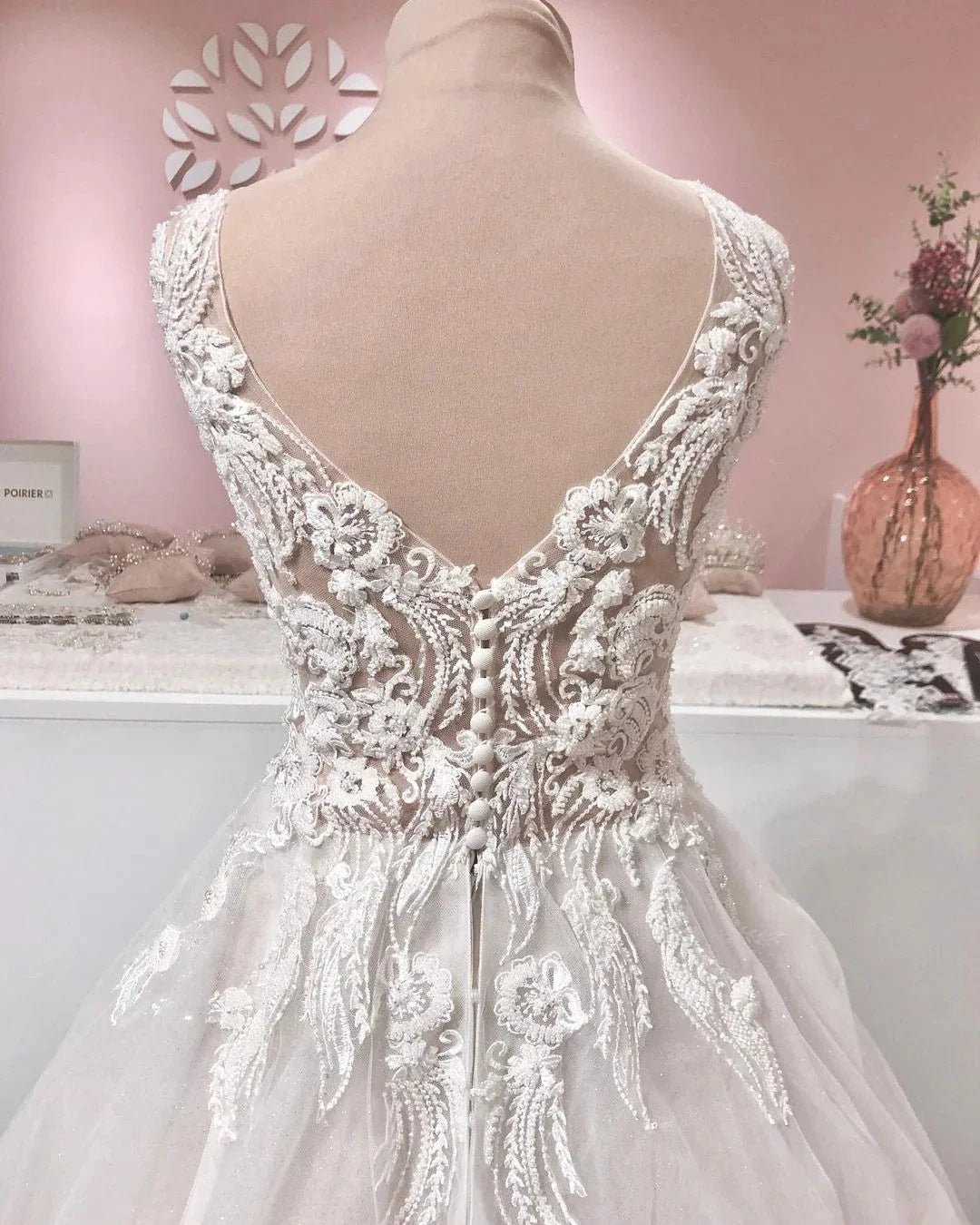 Long A-line V-neck Appliques Lace Backless Tulle Ruffles Wedding Dress (ZD15086)