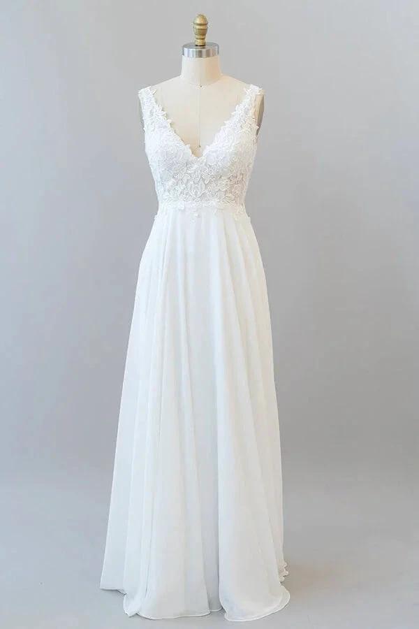 Long A-line V-neck Appliques Lace Chiffon Wedding Dress (ZD14440)
