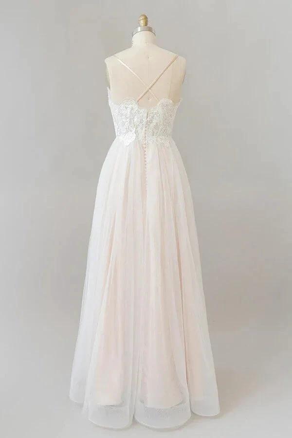 Long A-line V-neck Appliques Lace Tulle Backless Wedding Dress (ZD14399)