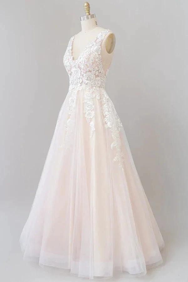 Long A-line V-neck Appliques Lace Tulle Backless Wedding Dress (ZD14431)