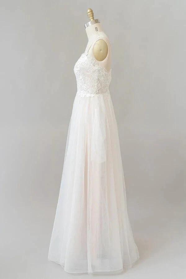 Long A-line V-neck Appliques Lace Tulle Backless Wedding Dress (ZD14399)