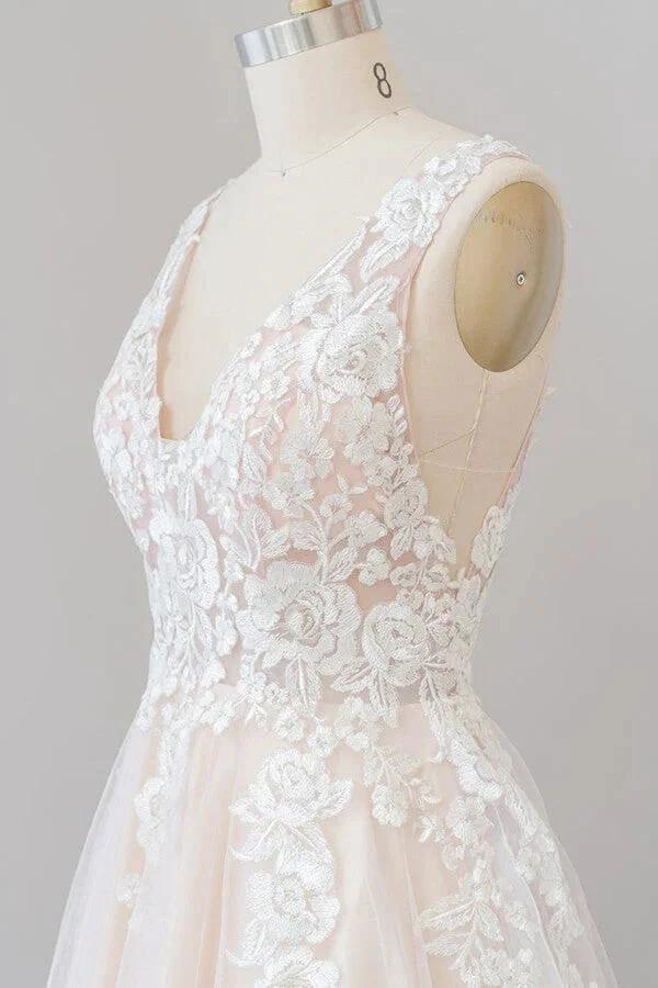 Long A-line V-neck Appliques Lace Tulle Backless Wedding Dress (ZD14431)