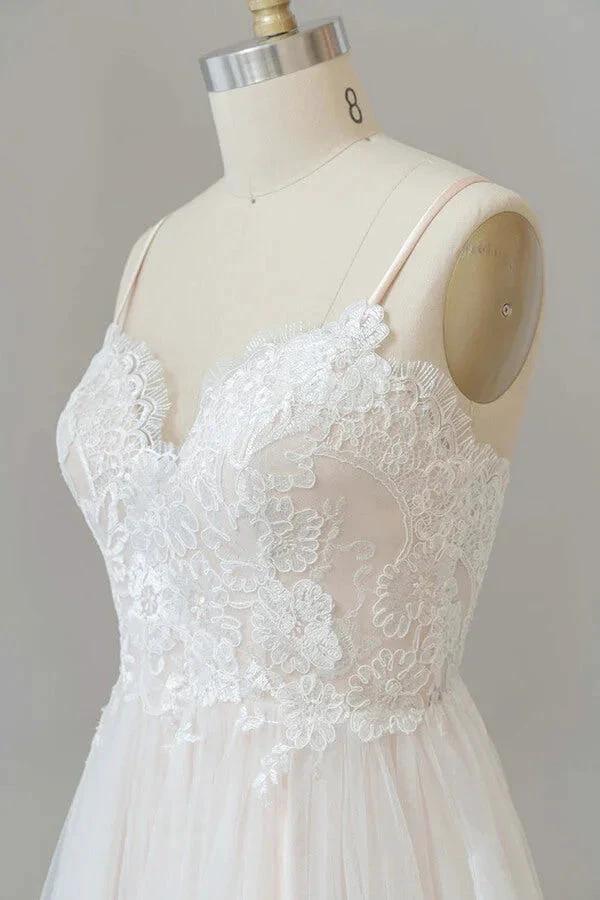 Long A-line V-neck Appliques Lace Tulle Backless Wedding Dress (ZD14399)