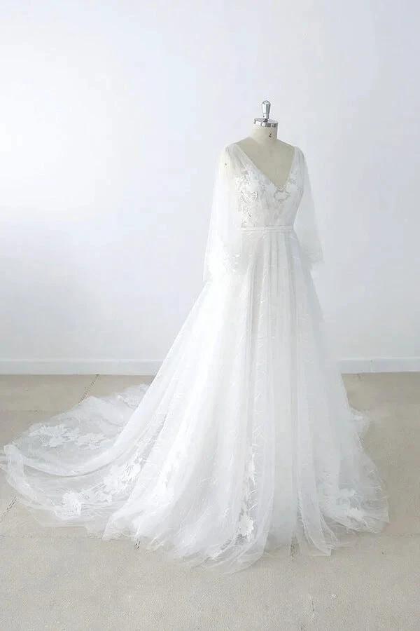 Long A-line V-neck Appliques Lace Tulle Backless Wedding Dress with Sleeves (ZD15788)