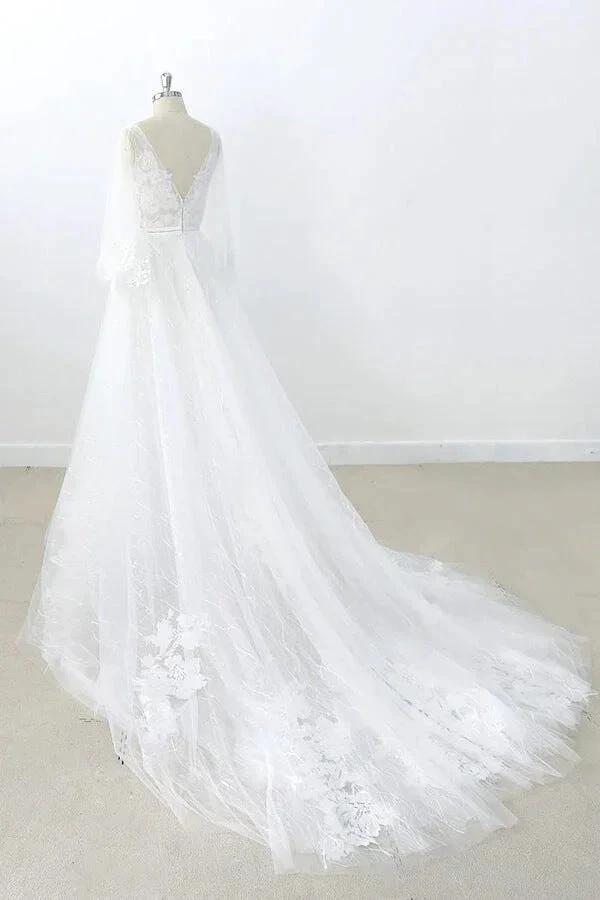 Long A-line V-neck Appliques Lace Tulle Backless Wedding Dress with Sleeves (ZD15788)