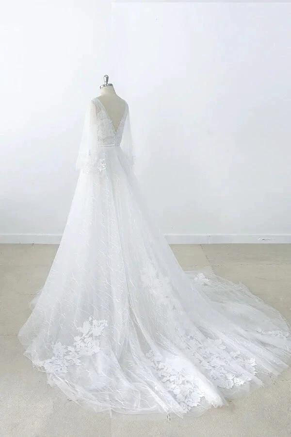 Long A-line V-neck Appliques Lace Tulle Backless Wedding Dress with Sleeves (ZD15788)
