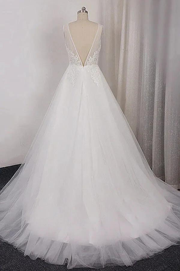 Long A-line V-neck Appliques Lace Tulle Wedding Dress (ZD14392)