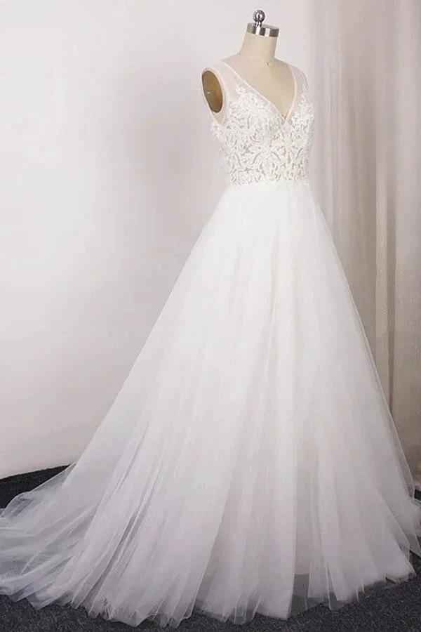 Long A-line V-neck Appliques Lace Tulle Wedding Dress (ZD14392)