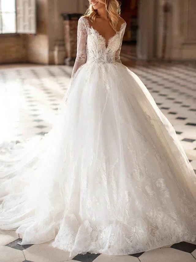 Long A-Line V Neck Court Train Lace Tulle Backless Wedding Dresses with Sleeves (ZD15943)