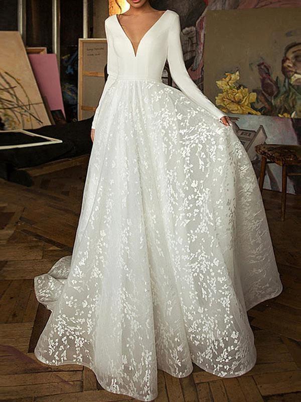 Long A-Line V-Neck Covered Button Satin Lace Wedding Dresses with Sleeves (ZD15836)