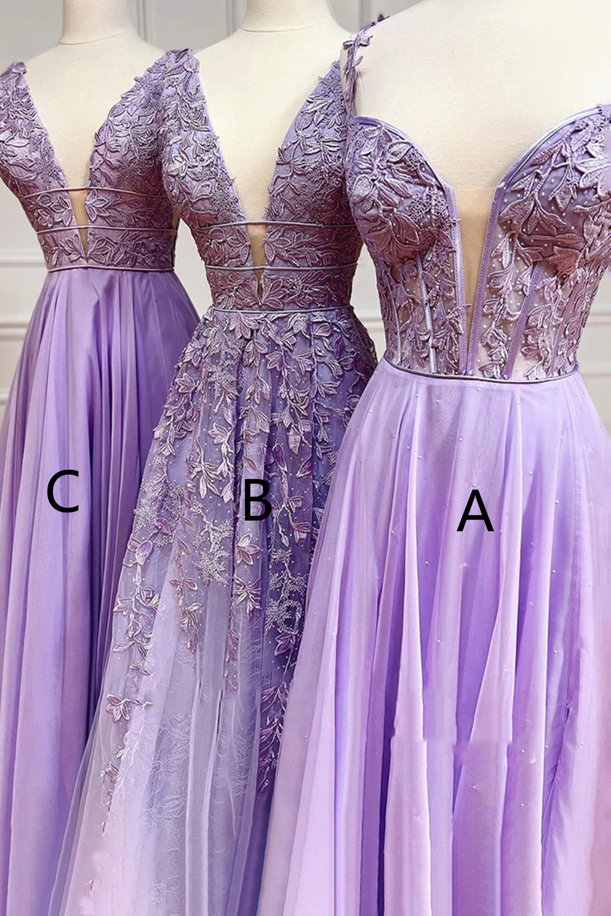 Long A-line V-neck Lace Chiffon Prom Dress Lilac Formal Evening Dresses - View 2 | VelvetHem