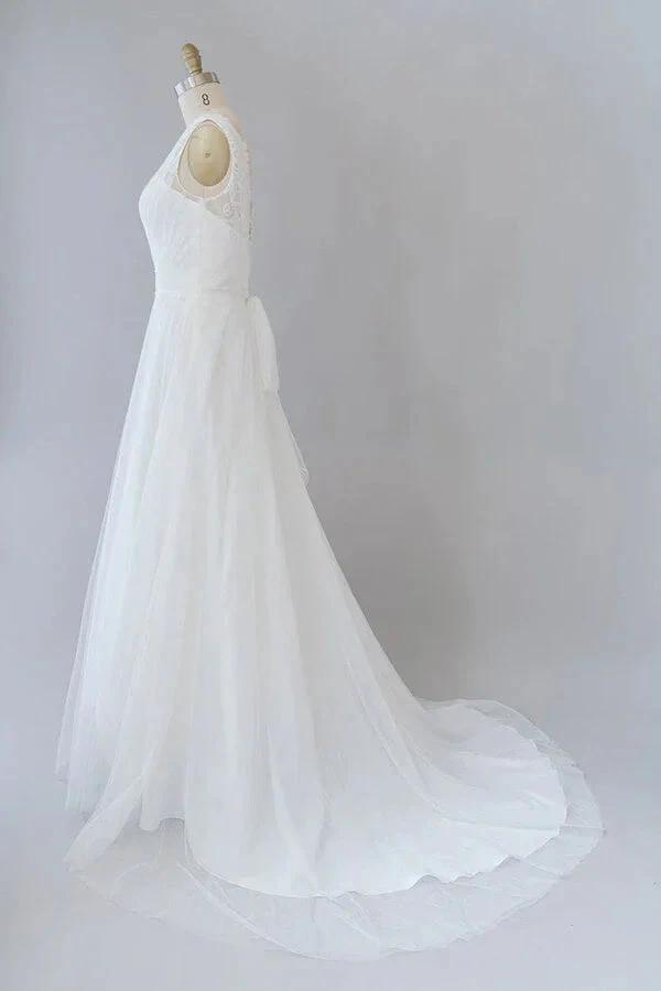 Long A-line V-neck Lace Tulle Backless Wedding Dress (ZD14389)