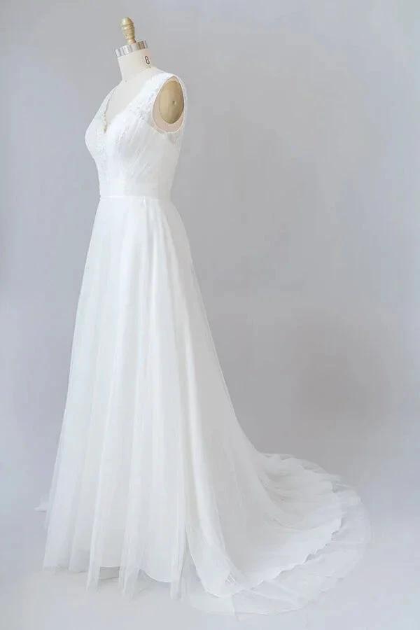 Long A-line V-neck Lace Tulle Backless Wedding Dress (ZD14389)