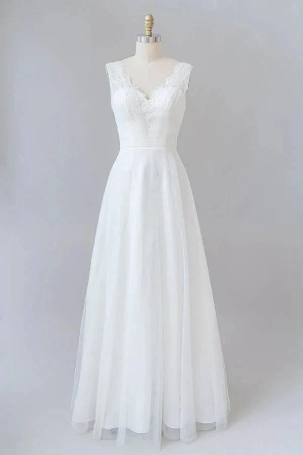 Long A-line V-neck Lace Tulle Backless Wedding Dress (ZD14389)