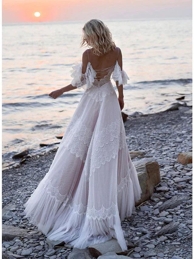 Long A-Line V Neck Lace Tulle Backless Wedding Dresses with Sleeves (ZD15951)