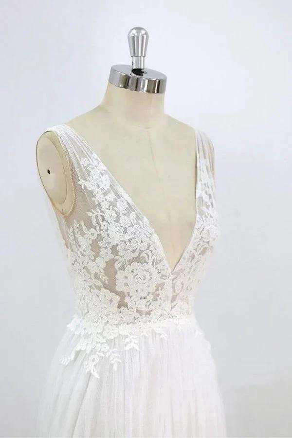 Long A-line V-neck Lace Tulle Open Back Wedding Dress (ZD15809)