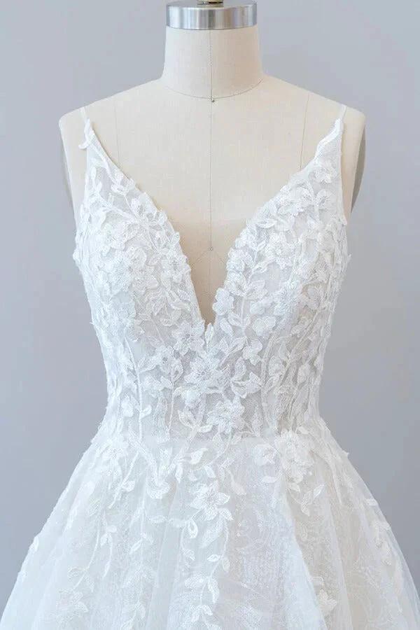 Long A-line V-neck Open Back Appliques Lace Tulle Wedding Dress (ZD15780)