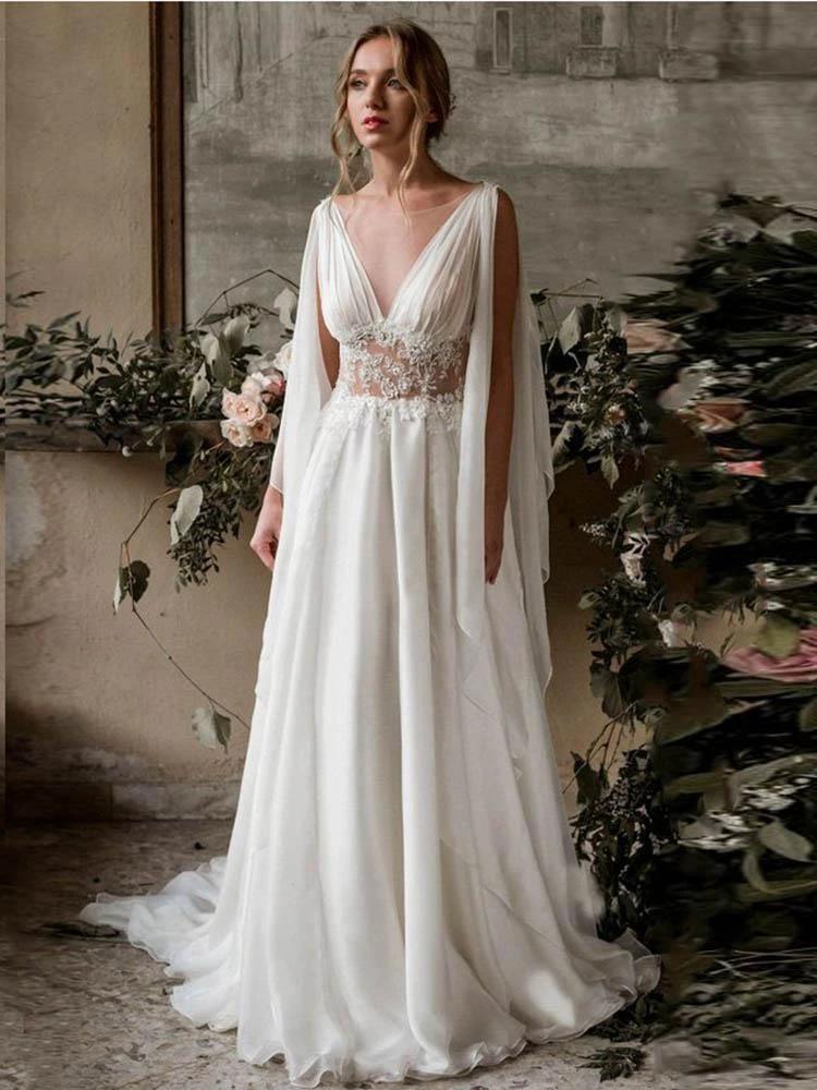 Long A-Line V-Neck Ruffles Chiffon Wedding Dresses (ZD15834)