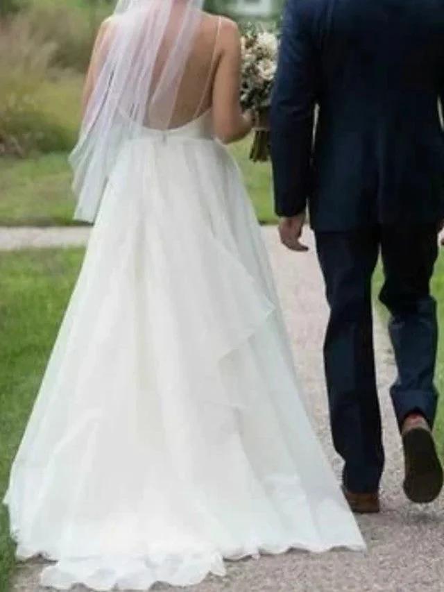 Long A-Line V Neck Satin Tulle Open Back Wedding Dresses (ZD15934)