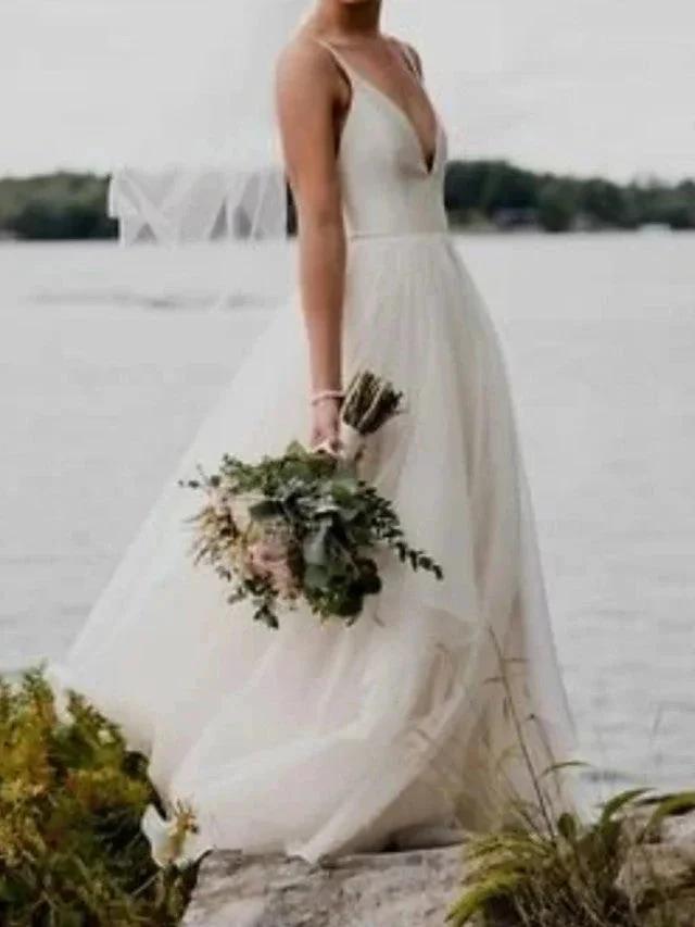 Long A-Line V Neck Satin Tulle Open Back Wedding Dresses (ZD15934)