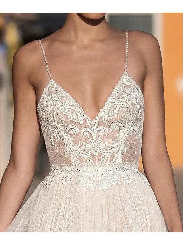 Long A-Line V-neck Spaghetti Strap Tulle Backless Wedding Dresses (ZD15929)