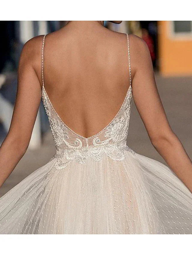 Long A-Line V-neck Spaghetti Strap Tulle Backless Wedding Dresses (ZD15929)