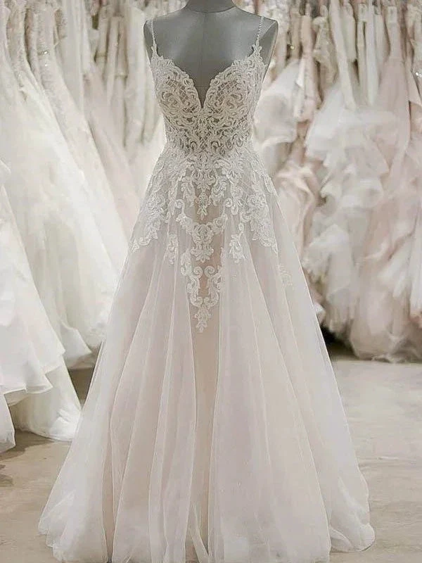 Long A-line V-neck Spaghetti Straps Appliques Tulle Wedding Dress (ZD14993)