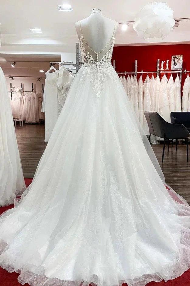 Long A-line V-neck Spaghetti Straps Backless Wedding Dress with Lace (ZD15258)