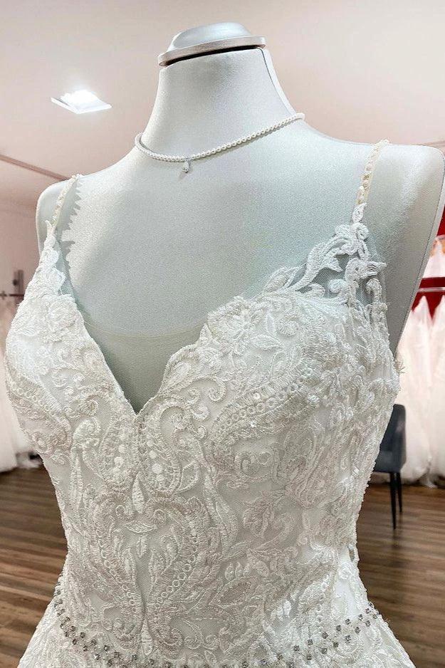 Long A-line V-neck Spaghetti Straps Backless Wedding Dress with Lace (ZD15258) - View 4 | VelvetHem