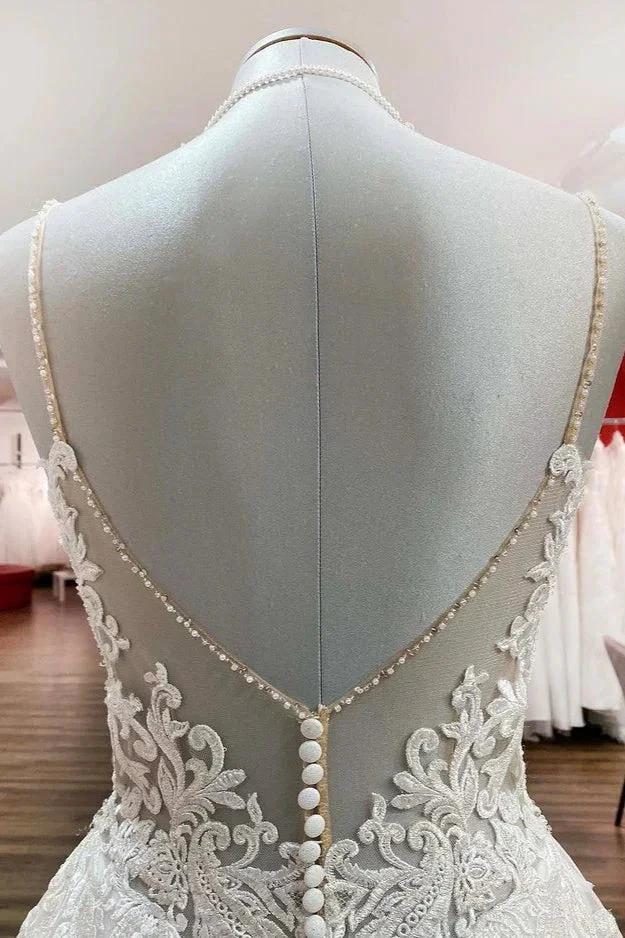 Long A-line V-neck Spaghetti Straps Backless Wedding Dress with Lace (ZD15258)