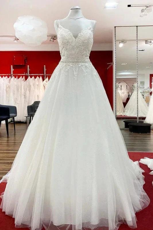Long A-line V-neck Spaghetti Straps Backless Wedding Dress with Lace (ZD15258)