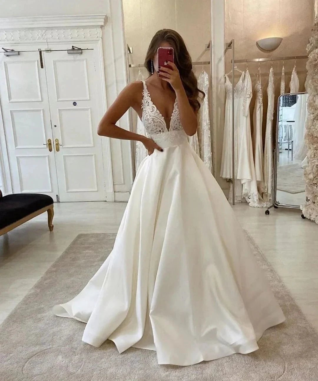 Long A-Line V-neck Spaghetti Straps Backless Wedding Dress With Pockets (ZD14318)