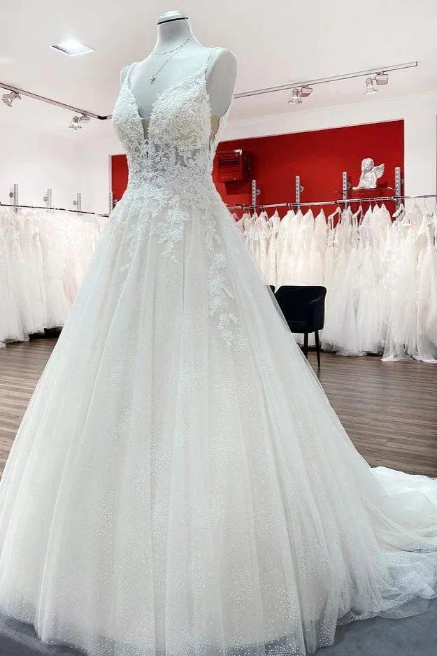 Long A-line V-neck Spaghetti Straps Tulle Lace Backless Wedding Dress (ZD14280)