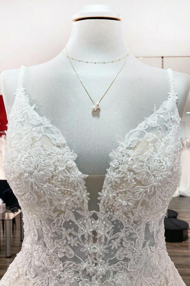 Long A-line V-neck Spaghetti Straps Tulle Lace Backless Wedding Dress (ZD14280)