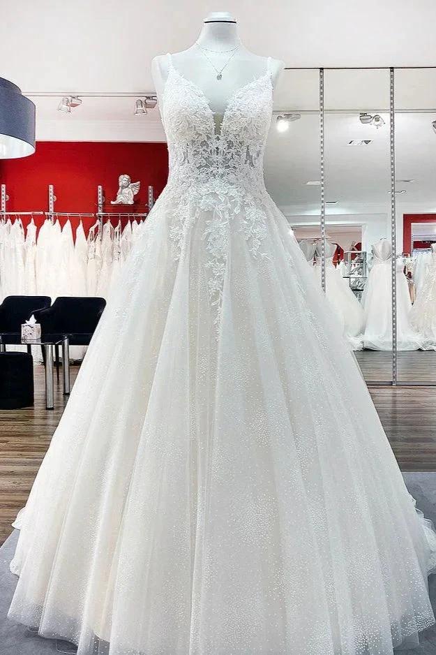Long A-line V-neck Spaghetti Straps Tulle Lace Backless Wedding Dress (ZD14280)