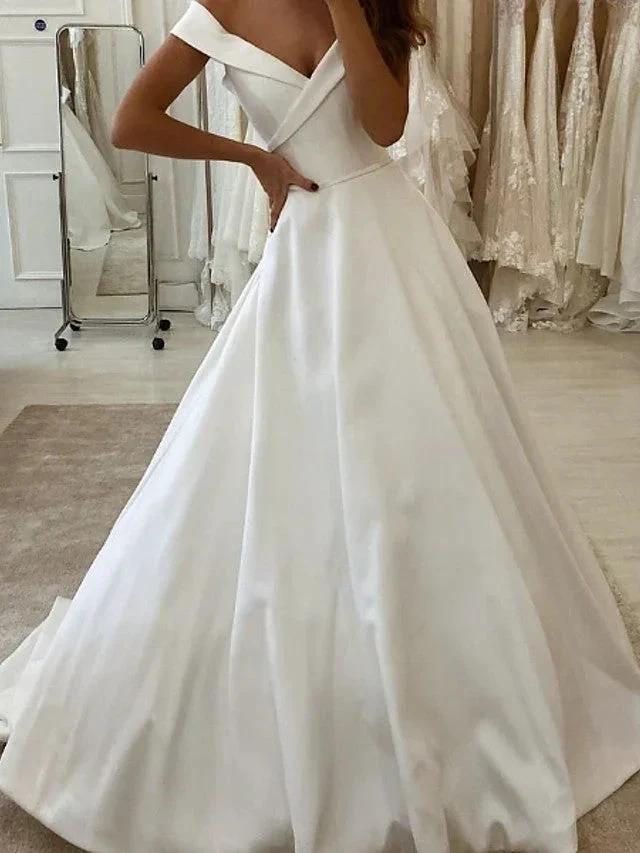 Long A-Line V Neck Sweep Brush Train Satin Wedding Dresses (ZD15948)