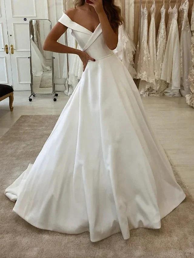 Long A-Line V Neck Sweep Brush Train Satin Wedding Dresses (ZD15948)