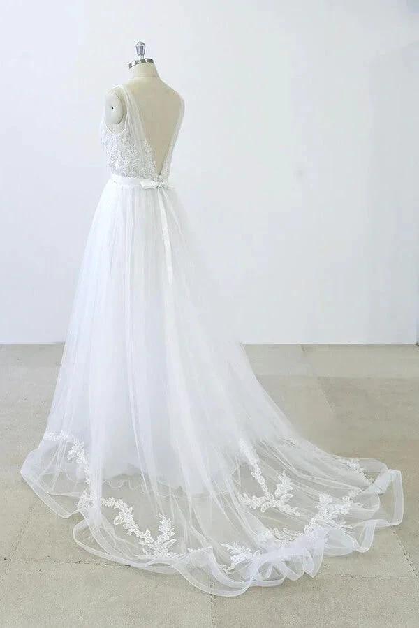 Long A-line V-neck Sweetheart Ruffle Applqiues Tulle Backless Wedding Dress (ZD15787)