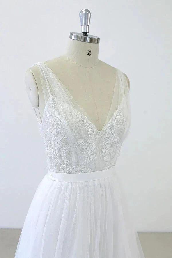 Long A-line V-neck Sweetheart Ruffle Applqiues Tulle Backless Wedding Dress (ZD15787)