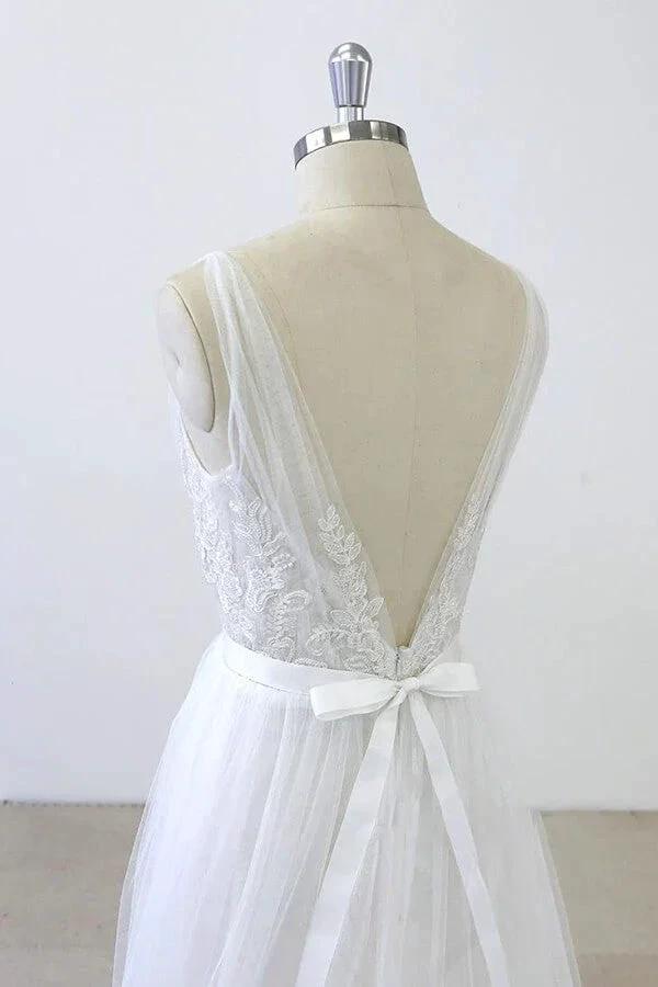 Long A-line V-neck Sweetheart Ruffle Applqiues Tulle Backless Wedding Dress (ZD15787)